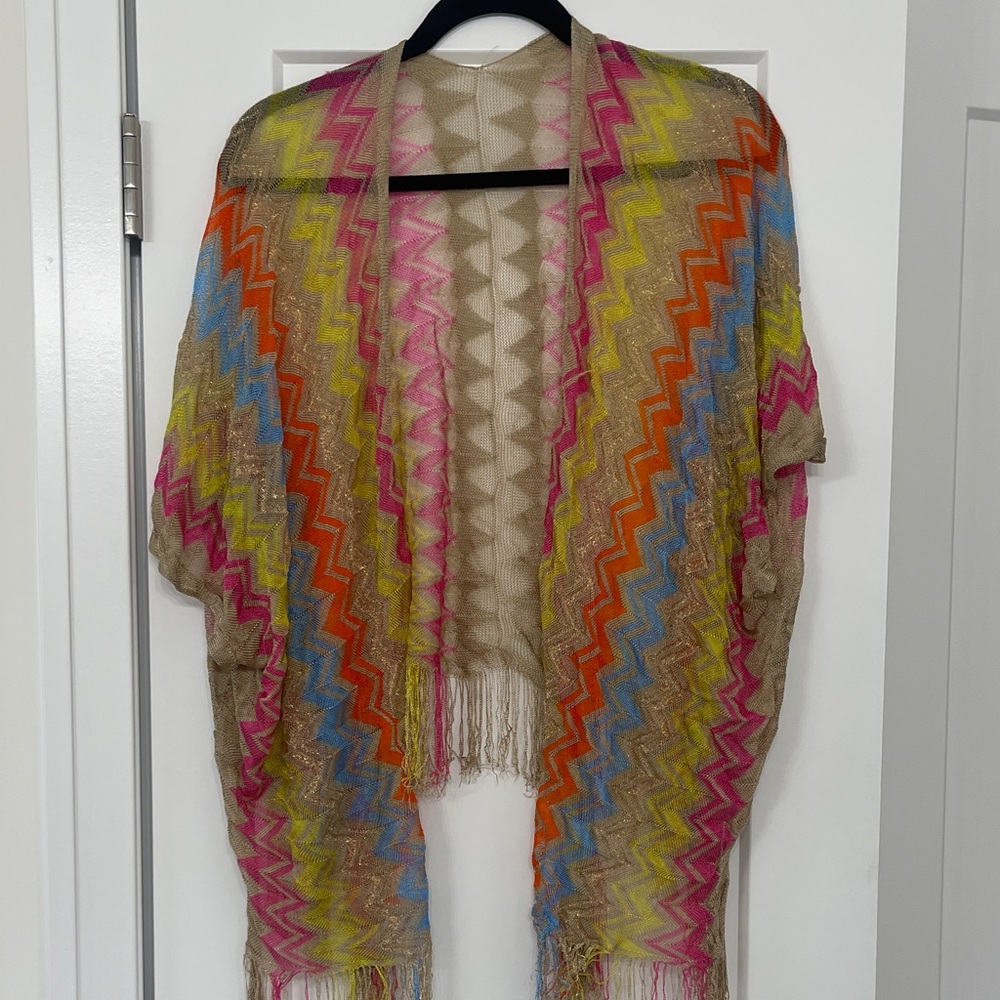 Beige Chevron Fringe Wrap with Pink, Orange, Blue & Yellow Accents